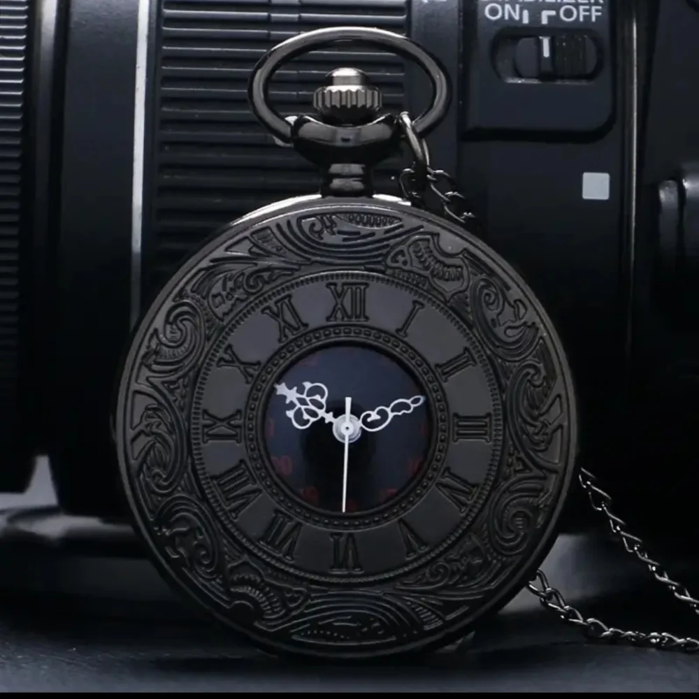 New men's black roman number pocket watch